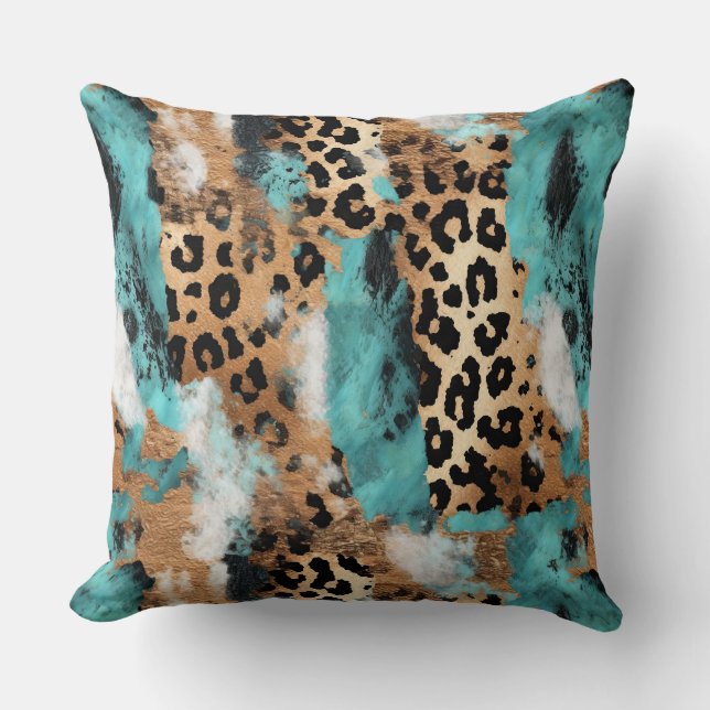 Almofada Leopardo Negro Dourado Turquesa (Frente)
