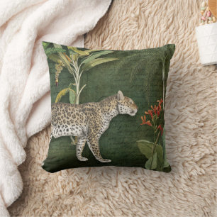 Almofada Leopardo Tropical Floral na Floresta Vermelha Verd