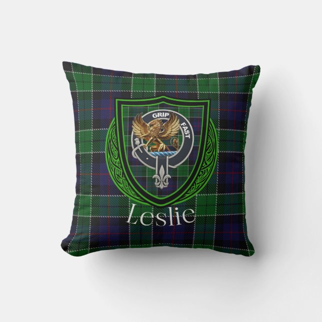 Almofada Leslie Scottish Clan Tartan & Crest (Frente)