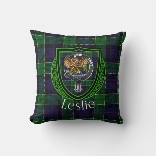 Almofada Leslie Scottish Clan Tartan & Crest (Frente)
