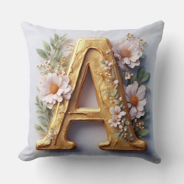 Almofada Letra A Dourada Com Decoração De Flor Branca 🌿 (Frente)