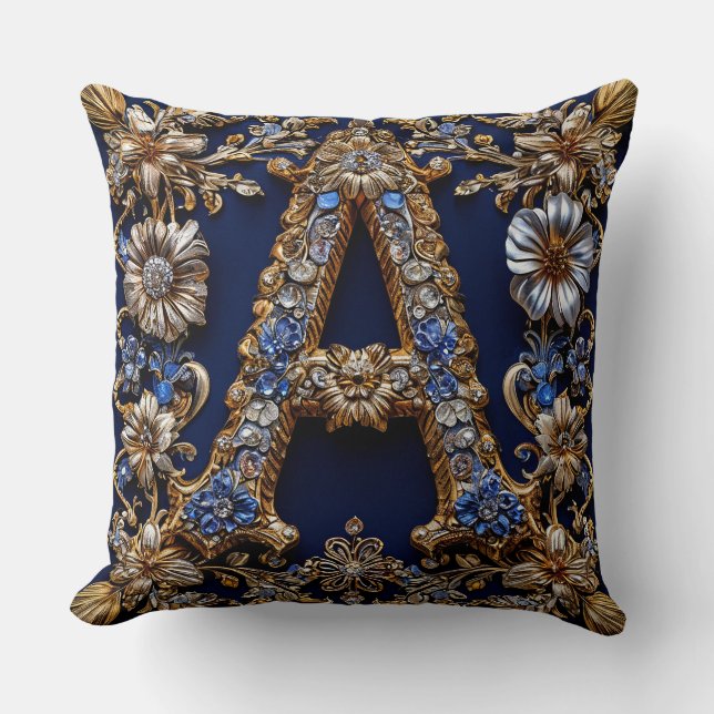 Almofada Letra "A" Dourada Elegante Com Decoração Floral Or (Frente)