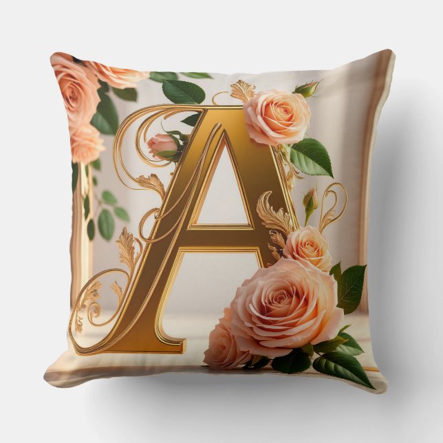 Almofada 🌸 Letra A Personalizada em Ouro com Floral para P (Frente)