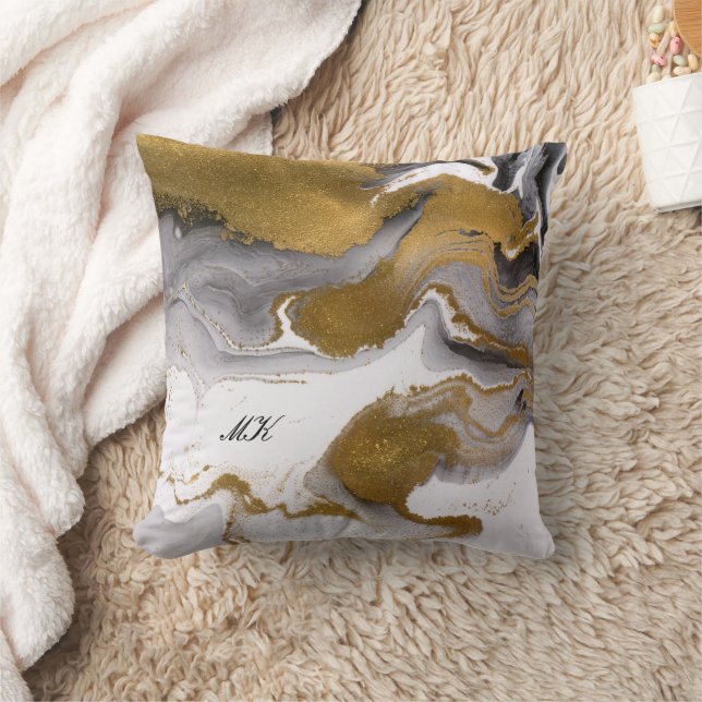 Almofada Letra Agate Black and Dourada Marble Custom Name (Cobertor)