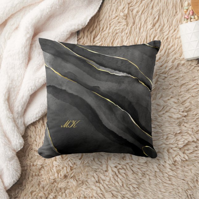 Almofada Letra Agate Black and Dourada Marble Custom Name (Cobertor)
