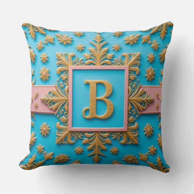 Almofada Letra B Dourada Barroca com Elegância de Monograma (Frente)