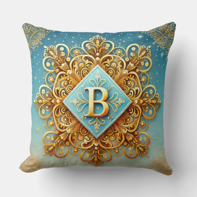 Almofada Letra B Dourada em Estilo Barroco Azul ✨ (Frente)
