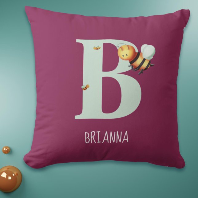 Almofada Letra B, Monograma de Abelhas Cujas (Cute Monogram Bee Baby Girl Nursery Throw Pillow)