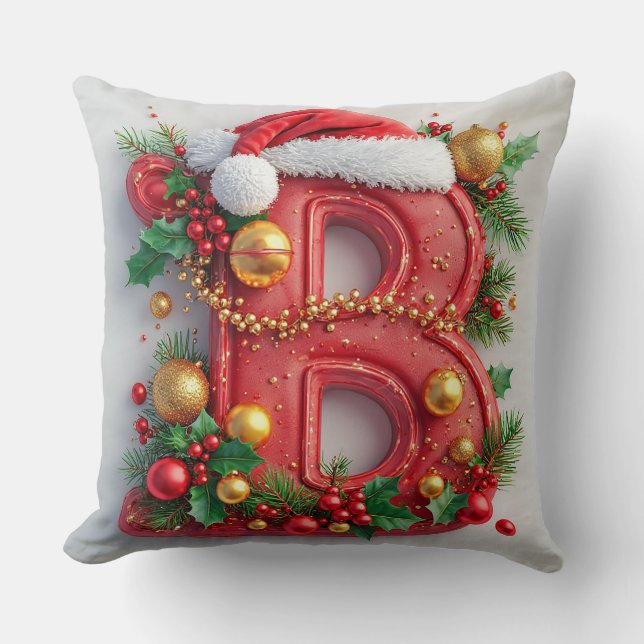 Almofada Letra B Vermelha de Natal Decorada Festivamente (Frente)
