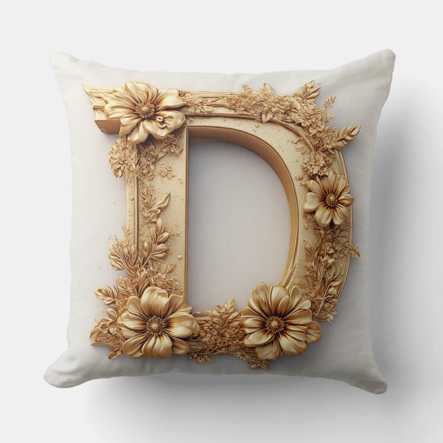 Almofada Letra D Dourada Elegante com Flores Delicadas (Frente)