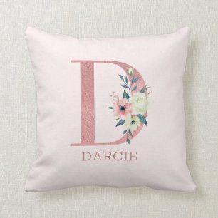 Almofada Letra D Pink Watercolor Monogramas Florais