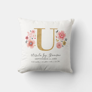 Almofada Letra de Nascimento U Monograma Floral Rosa, Inici