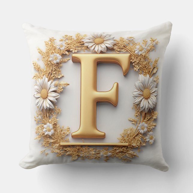 Almofada Letra Dourada F Coroa Floral Personalizada Estilo  (Frente)