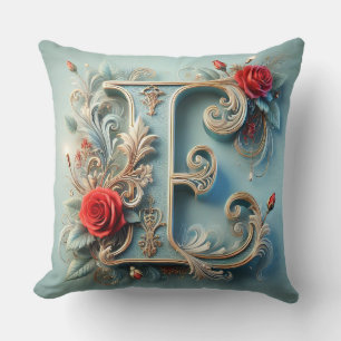 Almofada 🌸 Letra E de Monograma Floral Acento de Decoração