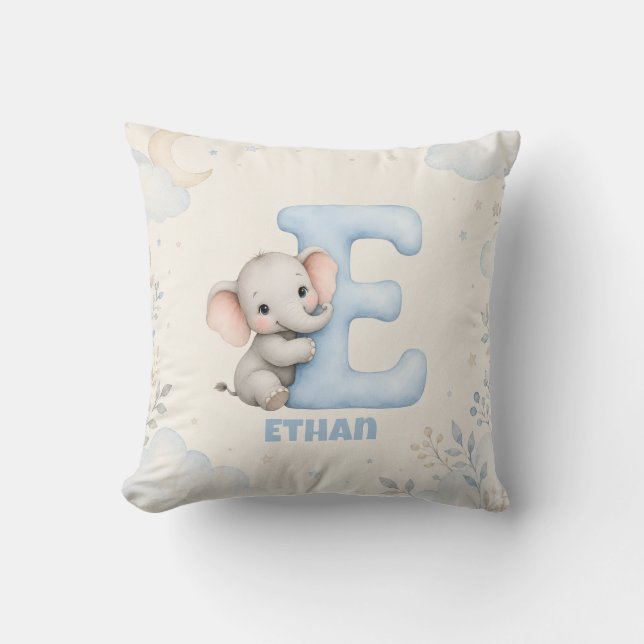 Almofada Letra E Personalizada Design de Elefante Bebê Nome (Frente)