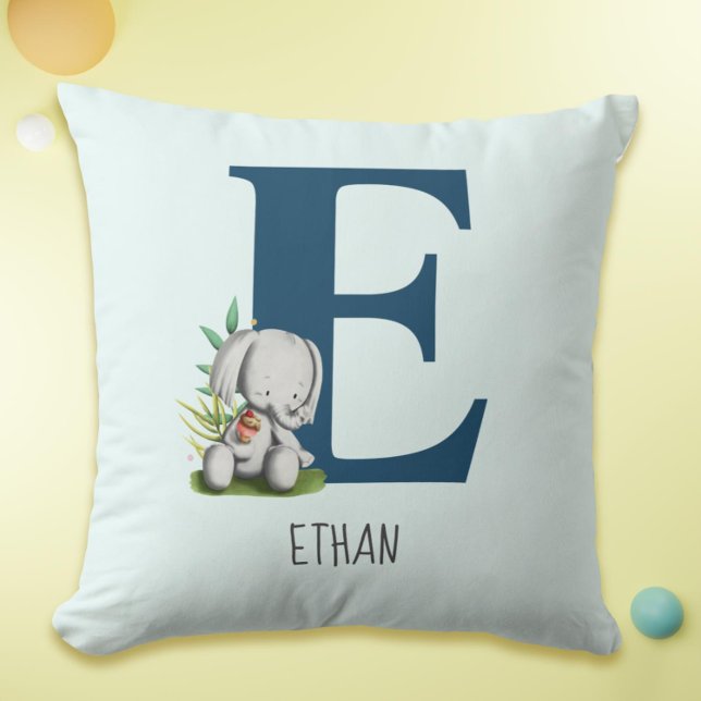 Almofada Letra Escritura De Elefante Cuta E (Cute Elephant Monogram Nursery Throw Pillow)