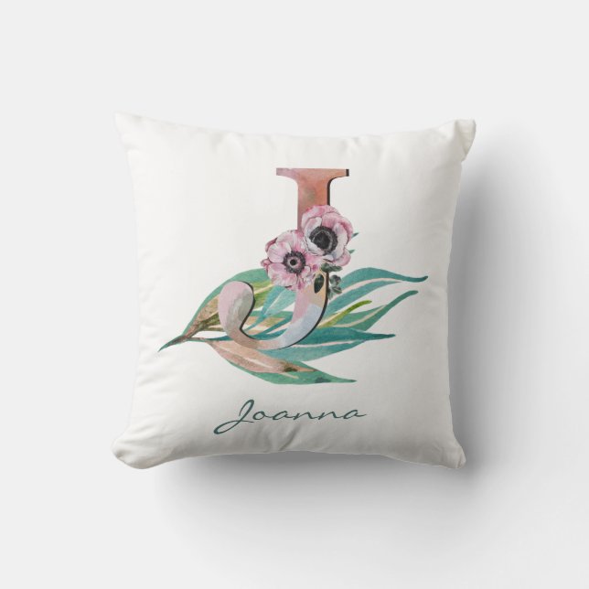 Almofada Letra J Floral Personalizada Monograma de Folhagem (Frente)