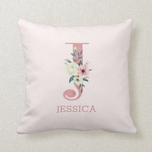 Almofada Letra J Monograma Floral de Aquarela Rosa para Ber