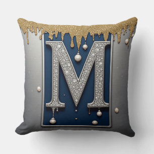 Almofada Letra Monograma M Dourado Marinho com Efeito de Ti