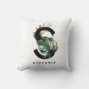 Almofada Letra S Monograma Monstera deixa tropical