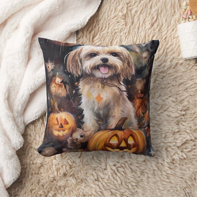 Almofada Lhasa Apso de Halloween com Abóboras Assustador  (Cobertor)