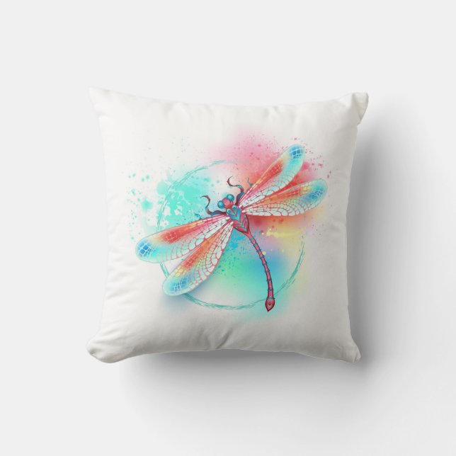 Almofada libélula vermelha sobre fundo de aquarela (Frente)