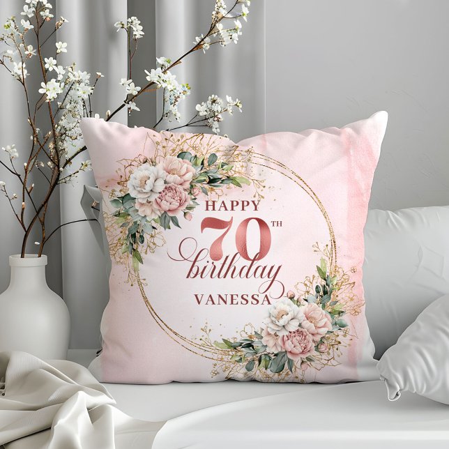 Almofada Light Pink Watercolor Flowers Pillow 70th Birthday (Light Pink Watercolor Flowers Pillow 70th Birthday Pillow)