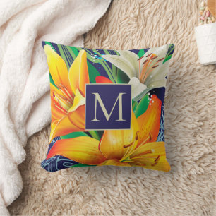 Almofada Lilases Brancas Laranja Flores Azul Marinho Monogr