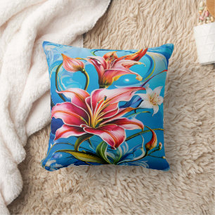 Almofada Lily Blooms Vibrantes Contra Fundo Azul