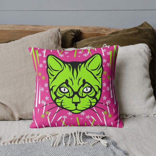 Almofada Lima Rosa Branco Preto Moderno Padrão de Gato Pers (Criador carregado)
