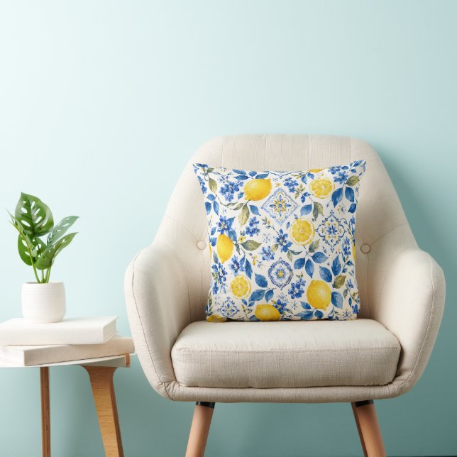 Almofada Limão Mediterrâneo com Floral Azul (Cadeira)