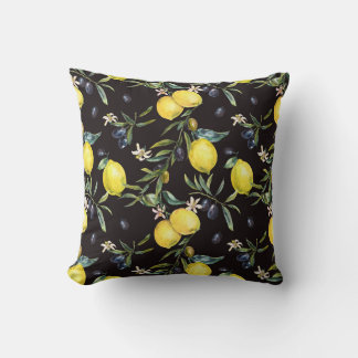 Almofada Limão, ramos de oliveira: padrão de aquarela.