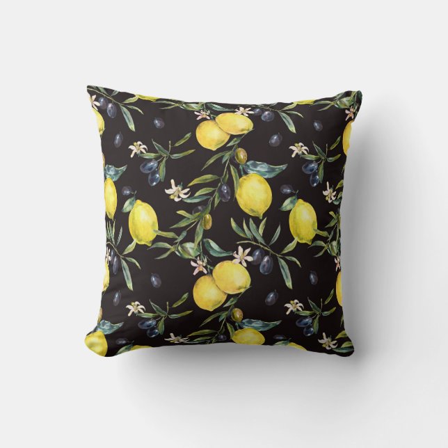 Almofada Limão, ramos de oliveira: padrão de aquarela. (Frente)