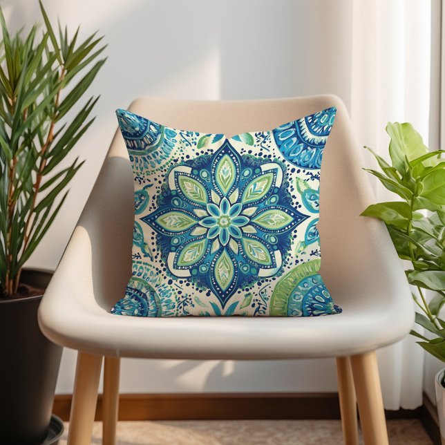 Almofada Limão Teal Mandela Boho (Teal Navy Lime Mandela Boho Throw Pillow)