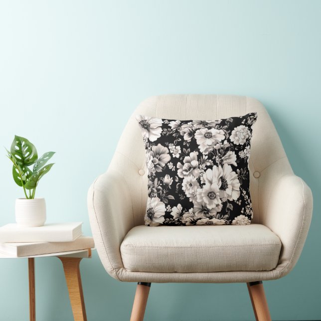Almofada Linda cor preta e sépia clara floral (Cadeira)