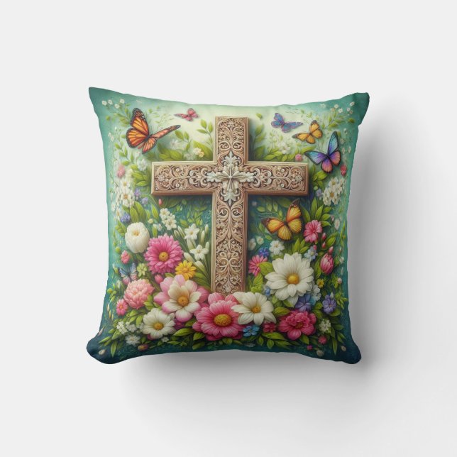 Almofada Linda cruz floral Páscoa com borboletas (Frente)