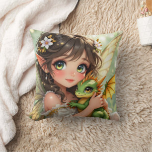 Almofada Linda Fada de Anime e Dragão Chibi