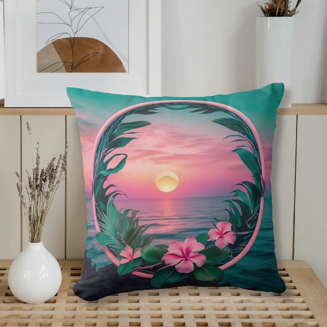 Almofada Linda Flor Tropical Rosa-Teal Solar (Criador carregado)