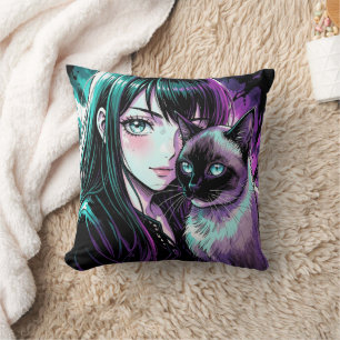 Almofada Linda Garota de Anime e Gato Siames