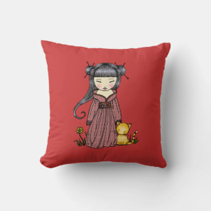 Almofada Linda Menina Japonesa com seu Travesseiro de Gato