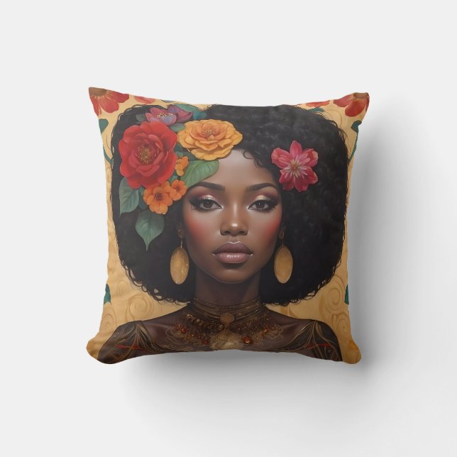 Almofada Linda Mulher Afro-Americana Com Flores (Frente)
