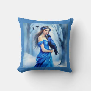 Almofada Linda mulher com um Raven, em uma Floresta Neve