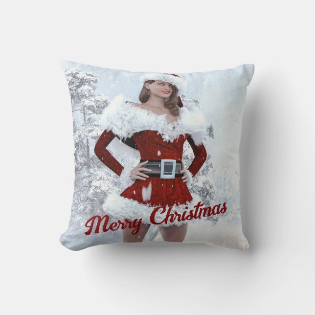 Almofada Linda mulher de Natal sobre a neve do inverno (Frente)