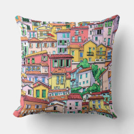 Almofada Linda pintura em aquarela de casas em rosa amarelo