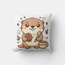 Almofada Linda Pôster Decorativo de Café Kawaii de Lontra F