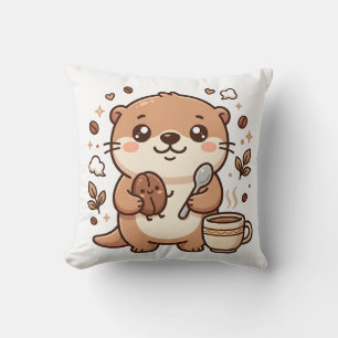 Almofada Linda Pôster Decorativo de Café Kawaii de Lontra F
