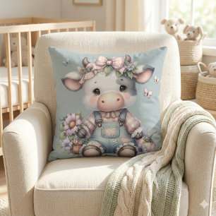 Almofada Linda Vaca Bebê Pastel com Macacão e Flores