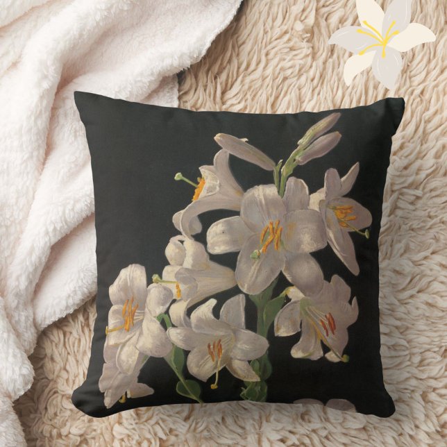 Almofada Linda Vintage Páscoa Branca Lírios Reversível (An elegant white lily on black pillow to add style and elegance to your décor.)
