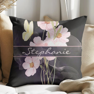 Almofada Lindas Flores em Aquarela com Borboleta Preto