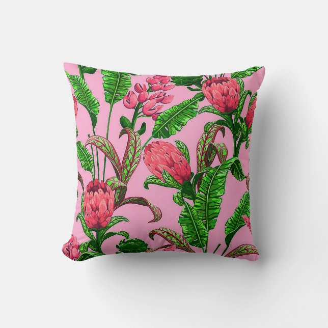 Almofada Lindas Folhas Tropicais Verdes com Flores Vermelha (Frente)